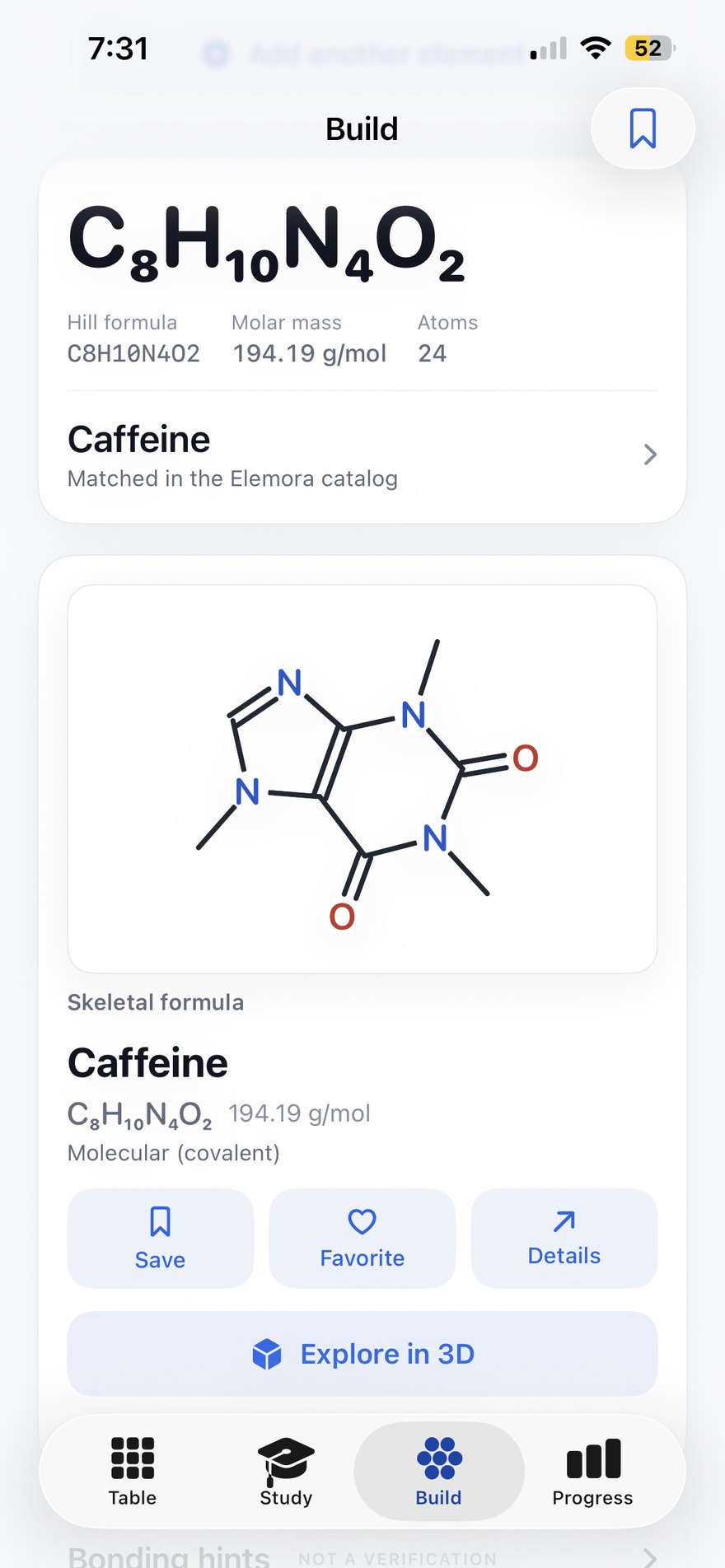 Elemora's Build tab showing caffeine: the formula C8H10N4O2 with its Hill formula, a molar mass of 194.19 grams per mole, 24 atoms, a drawn skeletal structure, and buttons to save, favourite, open details or explore in 3D.