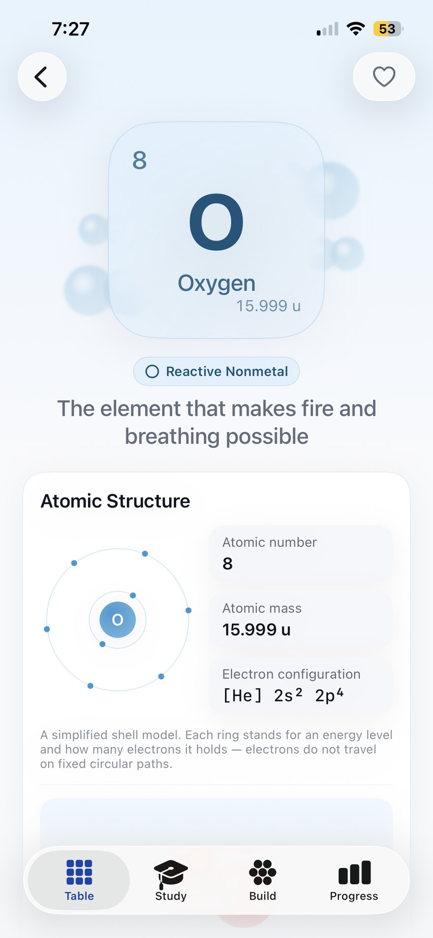 Elemora's element page for oxygen: a large tile showing 8, O and 15.999 u, a Reactive Nonmetal label, and an Atomic Structure card with an electron-shell diagram and the configuration [He] 2s2 2p4.