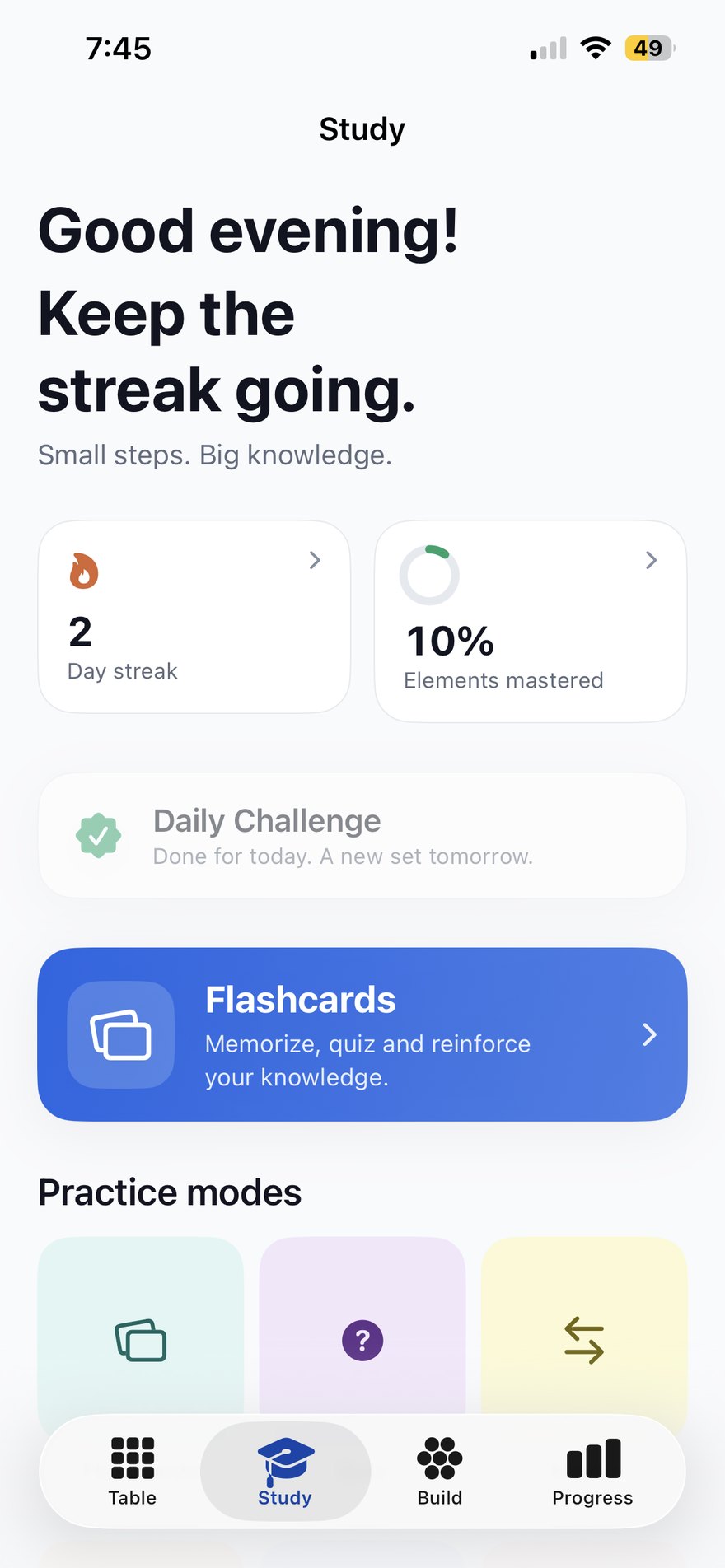 Elemora's Study tab: a two-day streak, ten percent of elements mastered, a completed daily challenge, a Flashcards card, and a row of practice modes.