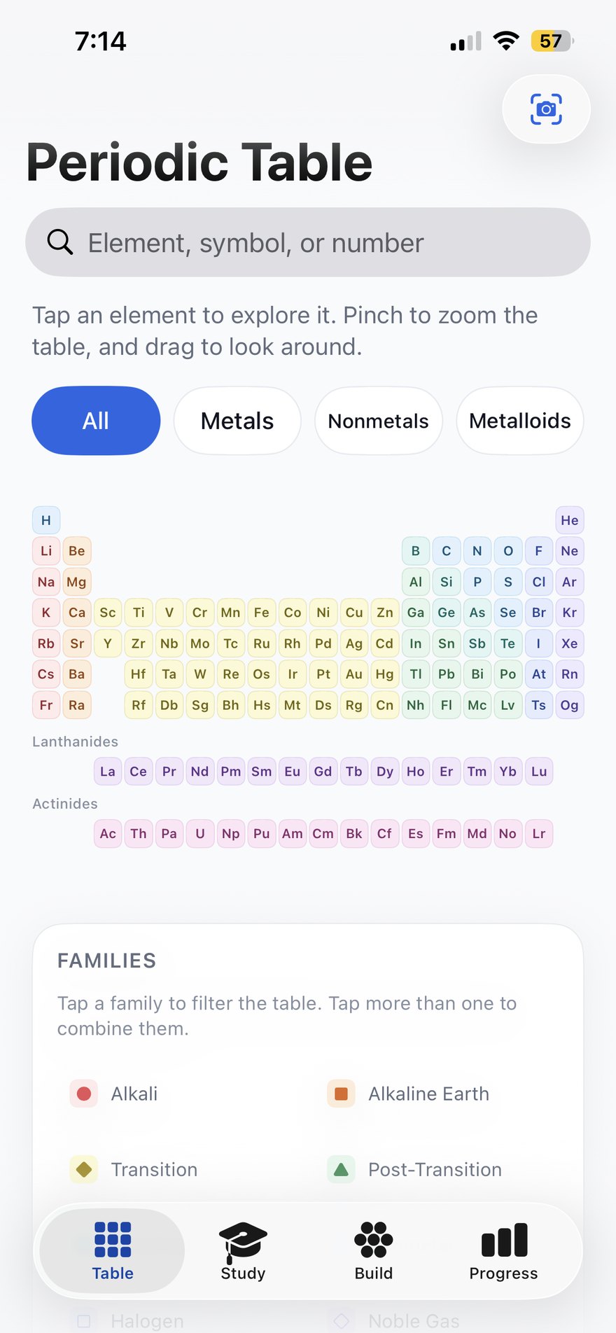 The Elemora periodic table screen: a search field reading "Element, symbol, or number", filter buttons for All, Metals, Nonmetals and Metalloids, and all 118 elements laid out in their real periodic positions with the lanthanides and actinides below.